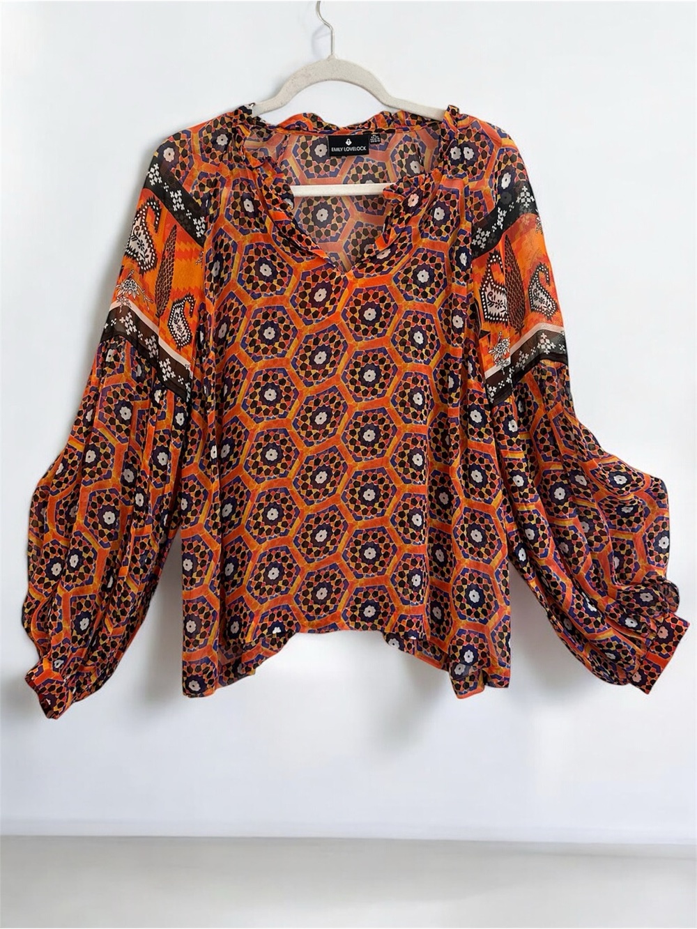 Emily Lovelock‎ Anthropologie Sheer Orange Geometric floral print Emma Blouse XL